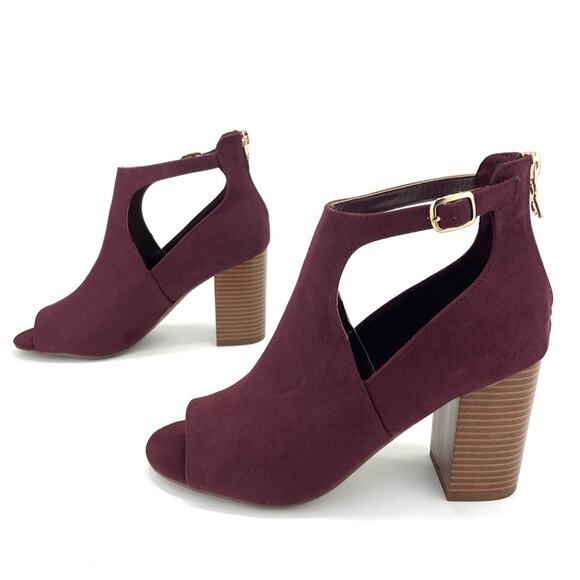 Parker & Sky Mila Open Toe Bootie/Ankle Boot Sz 9 Burgundy Faux Suede Adjustable - Picture 3 of 16
